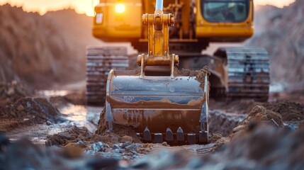 Aufkleber - An excavator is actively digging into the ground at a construction site during sunset, with warm light casting a golden hue over the freshly disturbed soil and rocks.