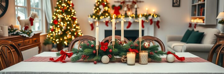 Sticker - A beautifully decorated festive table with Christmas ornaments, candles, and a festive centerpiece in a cozy living room setting, festive, Christmas, candles