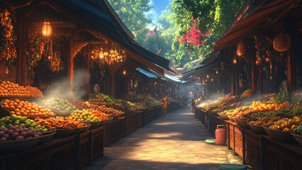 Vibrant fruit market scene lush tropical village photography sunlit environment eye-level view cultural experience