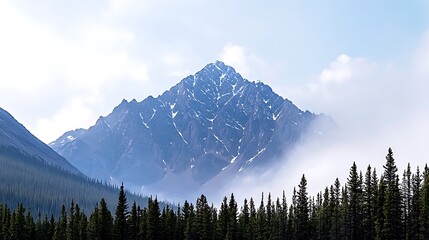 Wall Mural - Majestic mountain peak surrounded by lush pine forests and misty clouds in a serene landscape