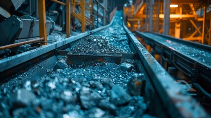 Aufkleber - A conveyor system is moving coal through an industrial mining facility at night, with artificial lighting highlighting the shiny surface of the stones and machinery.