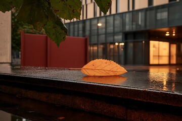 Wall Mural - Autumnal Leaf on a Wet Urban Surface