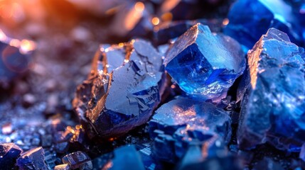 Fototapete - Shimmering blue crystals lay scattered on a dark surface, their facets catching warm light. This mineral display showcases the natural beauty of crystalline formations.
