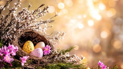 Wall Mural - Bird Nest Holding Decorated Easter Eggs With Pink Flowers And Blurred Glowing Background.