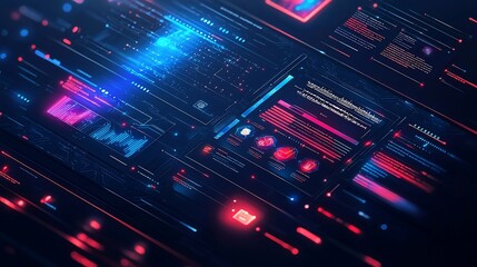 Abstract futuristic digital interface with glowing HUD elements and data streams.