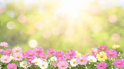 Wall Mural - Blooming Cosmos Flowers in Garden Setting with Green Background and Bright Sunlight.