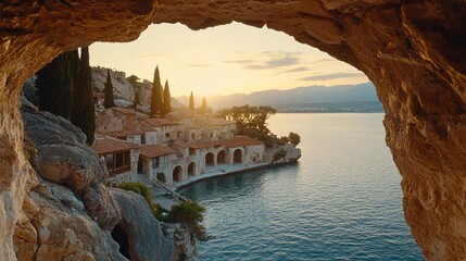 Wall Mural - Sunrise view of lakefront village from cave opening. Possible use for travel, tourism, nature photography