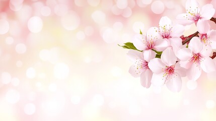 Wall Mural - Blossoming Cherry Flowers on Branch with Soft Pink Background Bokeh Effect Light Delicate.