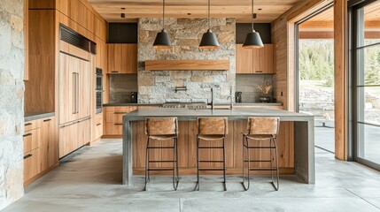 Wall Mural - A kitchen with a large island and a stone fireplace