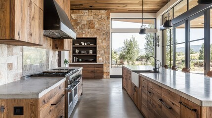 Wall Mural - A large kitchen with a stone wall and a window