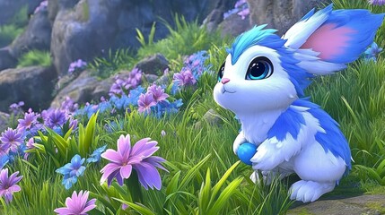 Wall Mural - Blue and White Furred Creature Holding a Blue Orb in a Flower Meadow.