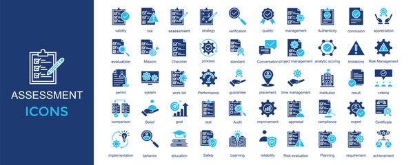 Wall Mural - assessment icon set. with icon validity,risk,evaluation,quality,management