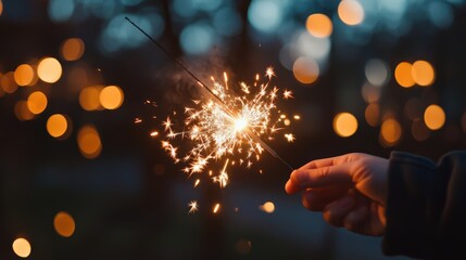 Wall Mural - A hand holding a sparkler in a dark background