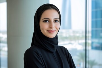 Wall Mural - Smiling Middle Eastern woman in Abaya at office with city view