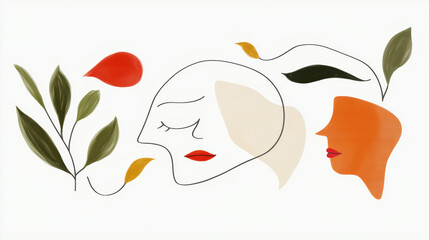 Leinwandbilder - Minimalist illustration of abstract faces and leaves, symbolizing mental health support and emotional well being
