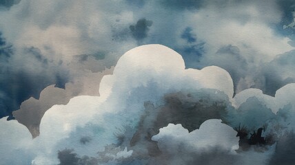 A serene watercolor depiction of fluffy clouds in various shades of blue and gray, evoking a calm and tranquil atmosphere.