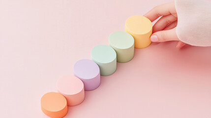 Aufkleber - Pastel colored circular shapes arranged in line, with hand reaching for one. soft hues create calming and playful atmosphere
