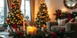 © Surangkanang - Cozy festive living room scene with lit Christmas tree, candles, and warm inviting decor, holiday cheer, candles, inviting, Christmas