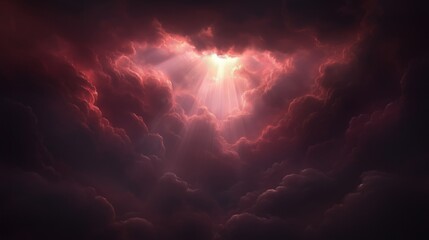 Wall Mural - A stunning view of dark clouds illuminated by rays of sunlight breaking through.