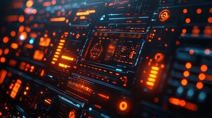 Futuristic digital interface, glowing orange, dark background, data visualization, tech design