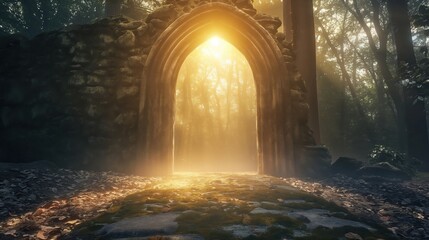 Wall Mural - A mystical archway illuminated by golden light in a serene forest setting.