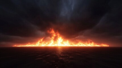 Wall Mural - a dramatic sunset with flames reflecting on the ocean surface under dark clouds.