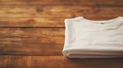 Wall Mural - A neatly folded white t-shirt placed on a rustic wooden table.