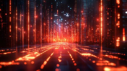 Fototapete - Futuristic city data stream, glowing red, night