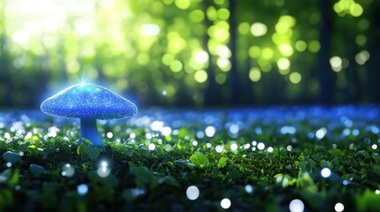 Wall Mural - a glowing blue mushroom surrounded by sparkling lights in a lush green forest.