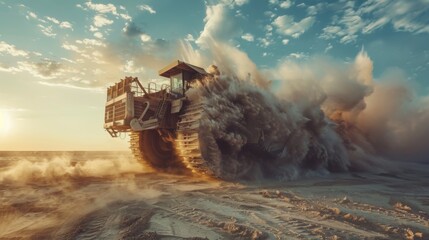Aufkleber - A large piece of construction equipment moves across a sandy terrain, kicking up dust and debris as the sun sets, casting warm hues across the sky and landscape.