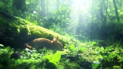 Wall Mural - Brown Rabbit Resting Peacefully Under a Mossy Tree Trunk in a Sunlit Green Forest Landscape.