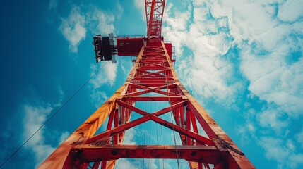 Poster - A large construction crane stands tall, its red structure contrasting against a vibrant blue sky. Fluffy white clouds drift lazily, creating a dynamic backdrop for this busy city scene.