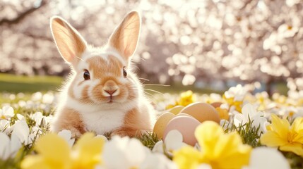 Wall Mural - Bunny Among Blossoms and Eggs in Springtime Garden Cute Rabbit with Easter Eggs and Flowers.