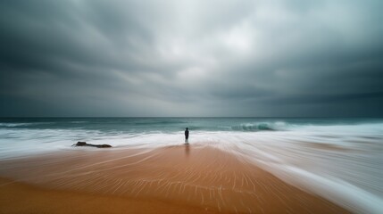 Wall Mural - a solitary man standing on a sandy beach, gazing at the ocean under a cloudy sky.