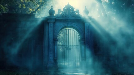Wall Mural - a mysterious stone gate surrounded by fog and trees, creating an enchanting atmosphere.