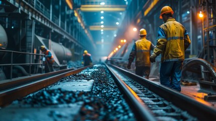 Leinwandbilder - Workers in yellow safety helmets and vests walk along a railway track in a large industrial facility. The ambiance is enhanced by bright overhead lights illuminating the workspace.
