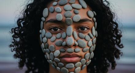 woman's face covered obstructed and surrounded by smooth stone and rocks, expressive stony environme