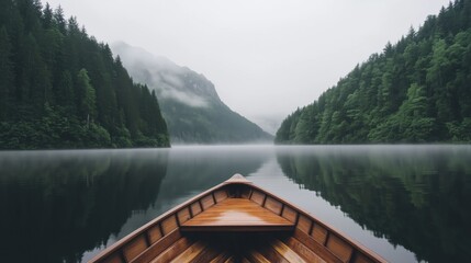 Wall Mural - a wooden boat on a calm lake surrounded by lush green mountains and fog.