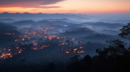 Wall Mural - a breathtaking view of mountains with glowing lights from a village at sunset.