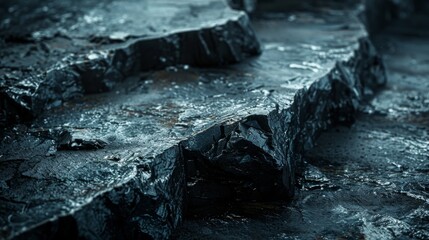 Aufkleber - Unusual rock formations with dark surfaces and jagged edges are illuminated by ambient light, highlighting the unique textures and patterns that nature creates over time.