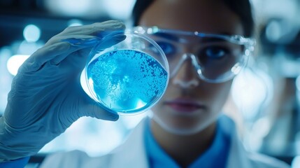 Wall Mural - focused researcher holds a petri dish containing a vibrant blue substance, analyzing its properties 