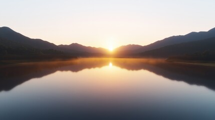 Wall Mural - a serene sunrise reflecting on a tranquil lake surrounded by mountains.