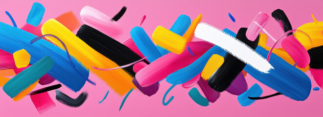 Leinwandbilder - Bold brush strokes create artistic abstract wallpaper with vibrant colors. This lively composition features pink, blue, yellow, and black hues
