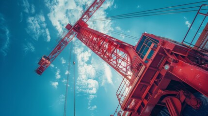 Fototapete - Bright red construction crane towers against a blue sky filled with white clouds, showcasing its massive structure and the ongoing construction work below.