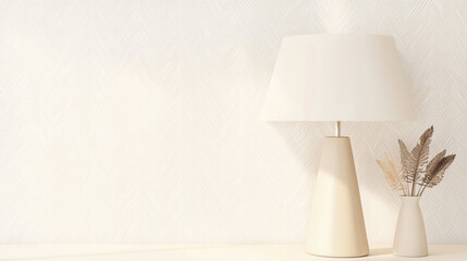 Poster - stylish lamp and vase with dried plants against herringbone wallpaper. neutral tones create calming atmosphere