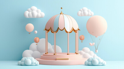 Wall Mural - Dreamy pastel gazebo with clouds and hot air balloons in whimsical scene