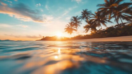 Wall Mural - a serene view of the ocean at sunset with palm trees silhouetted against the colorful sky.