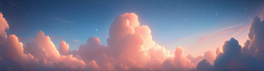Poster - Soft pink clouds illuminated by twilight, scattered stars twinkle above, creating serene and dreamy atmosphere