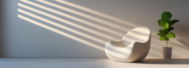 Poster - modern white chair in minimalist room with sunlight shadows and plant