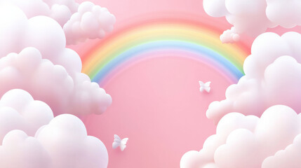 Poster - Soft pastel wallpaper featuring rainbow and fluffy clouds, evoking dreamy atmosphere